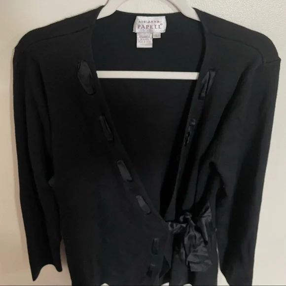 Adrianna Papell Navy/ Black ribbon tie wrap wool blend sweater L - Picture 3 of 6